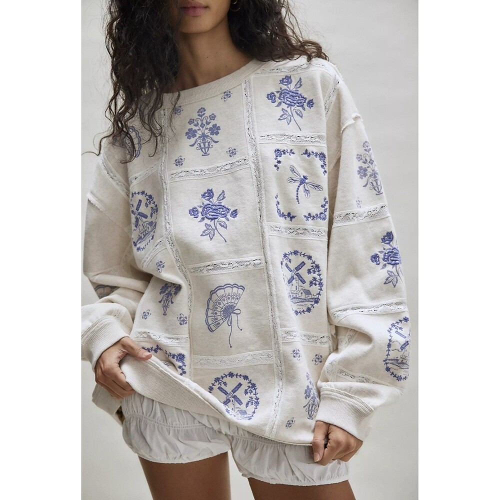 Free People Rudy Lace Embroidered Sweatshirt Top Pullover Floral CottonXS 289952